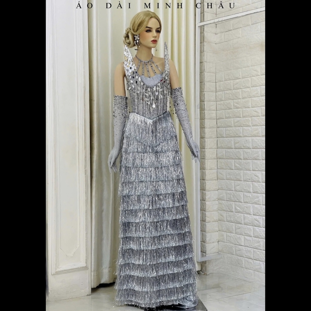 Glamorous Silver Maxi by Queen Halloween Ao Dai Costume Ao Dai Minh Chau Dress